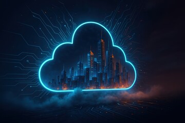 Fototapete - Digital City in Cloud: Futuristic city silhouette within a glowing cloud, representing technological advancement, data storage, and the digital world. It suggests interconnected networks.
