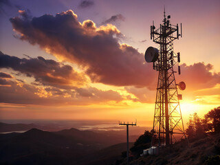 Silhouette of an abstract telecommunication tower antenna and satellite dish at sunset sky background
