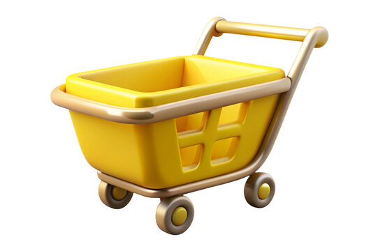 Bright yellow shopping cart with chrome accents isolated on transparent background