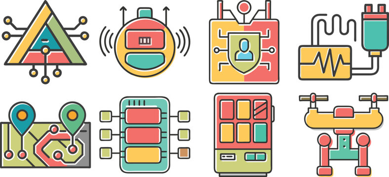 Vector art of a collection of colorful technology icons, isolated on transparent background, showcasing location data, security systems, and drone technology.