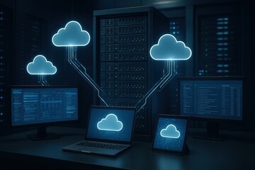 Fototapete - Cloud Computing Infrastructure: Digital clouds connect to laptops, desktop, and tablet in a server room, suggesting a seamless network and digital ecosystem
