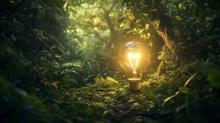 Poster - Glowing lightbulb in lush green jungle foliage.