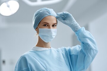 Poster - trauma surgeon wearing mask and gloves preparing for surgery in sterile room