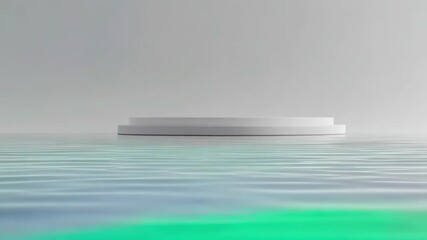 Poster - A modern white stage podium reflects in the water, set against a light background