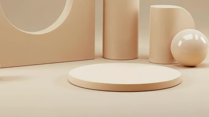 Poster - A minimalist arrangement of beige geometric shapes including spheres, cylinders, and a square with a circle cut out