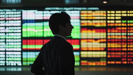 Aufkleber - A man stands in front of a large screen with many numbers and graphs. He is focused and attentive, possibly analyzing the data on the screen. Concept of concentration and seriousness