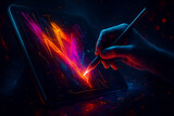 AI generated a futuristic human hand using a stylus to draw vibrant neon lines on an interactive glowing screen representing creativity energy and high tech imagination in a sci fi digital space