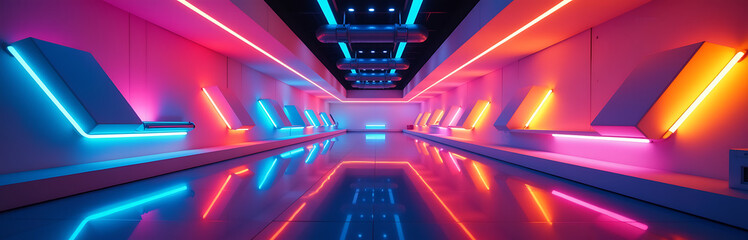 Poster - vibrant colors blend modern futuristic design featuring geometric shapes neon lights wide panoramic setting color