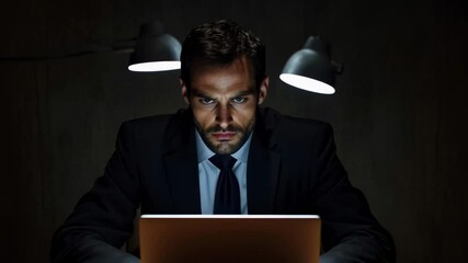 Poster - A man in a suit is sitting at a desk with a laptop in front of him. He is wearing a tie and he is focused on his work. Concept of professionalism and concentration