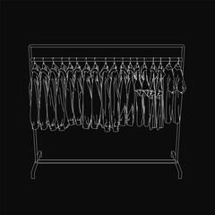 Poster - Clothes hanging on a metal rack in a clean line drawing style, isolated on a black background. The illustration features simple outlines of shirts, pants, and dresses.