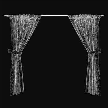 A black and white curtain drawing features intricate line patterns and geometric shapes on a dark background. The minimalist design creates an elegant and artistic visual effect.