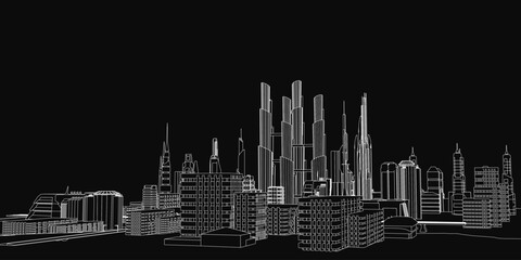 Poster - A futuristic city skyline in black and white features towering skyscrapers against a dark background. The detailed drawing emphasizes sharp architectural lines and a sleek urban aesthetic.