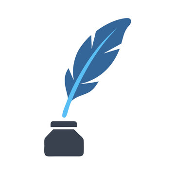 Blue feather quill pen in inkwell against black background