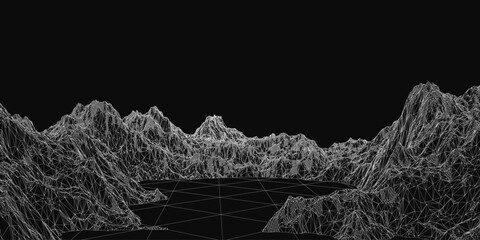 Aufkleber - A black and white 3D model of a mountain range features intricate shapes and sharp lines against a dark background. The abstract design creates a striking contrast with its geometric complexity.