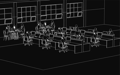 Poster - A black and white drawing depicts a spacious office with people working at desks equipped with computers and monitors. Tables hold various office objects, while large windows line the back wall.
