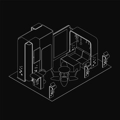 Poster - A black and white line drawing of a reception area features a desk, chair, and scattered objects against a dark background. The clean outline style emphasizes simplicity and modern design.