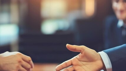 Poster - Two men shake hands in a business meeting. Scene is professional and formal. The handshake symbolizes agreement and trust between the two men