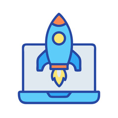 Poster - Launch application concept: Rocket taking off from laptop screen