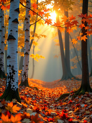 Poster - golden light shines vibrant orange yellow leaves backdrop white birch trunks forest