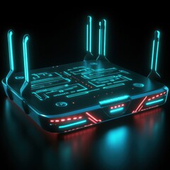 Leinwandbilder - Futuristic device with glowing blue and red lights on a dark surface in a studio setting