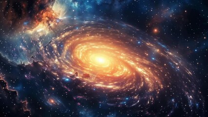 Wall Mural - A spiral galaxy with a bright yellow center. The galaxy is surrounded by a blue and orange sky