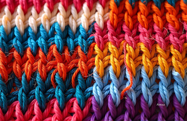 Poster - colorful textured fabric multicolored yarns woven together create vibrant intricate visual effect knitted form