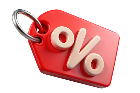 Red discount tag with a percentage symbol isolated on transparent background