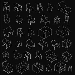 Fototapete - A set of stylish armchairs arranged neatly on a black background, each with unique designs. The white chairs contrast sharply against the dark backdrop, highlighting their elegant forms.