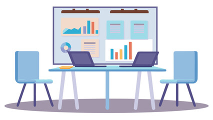 Fototapete - Illustration of an office setup with a table, chairs, laptops, and a presentation board displayed