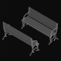 Aufkleber - Two detailed 3D benches stand out against a black background with clean white lines and realistic curves. The intricate design highlights the street furniture's structure and form.
