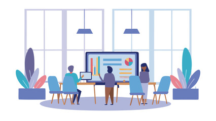 Fototapete - People in a meeting room looking at a presentation on a large screen with charts and graphs shown