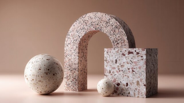 Geometric still life features speckled sphere, cube, and arch on a subtle background, lending a modern, minimalist artistic flair.