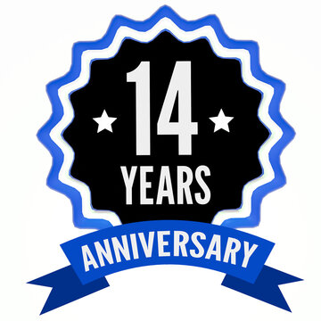 Celebrating 14 years anniversary label with blue ribbon. 3d render.