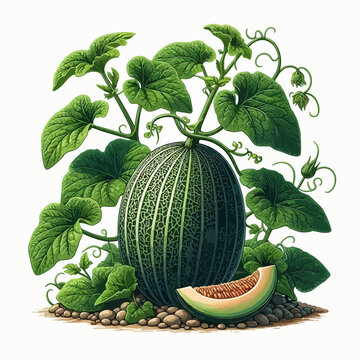 Meticulously rendered illustration displays a cantaloupe plant with lush leaves and vines, a whole fruit, and a slice, set against a plain white background.