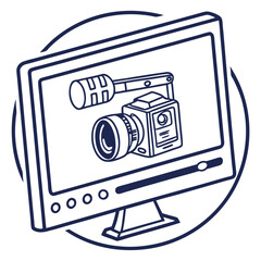 Fototapete - Digital video camera with microphone mounted on a computer monitor screen viewed through a circular outline representing media production