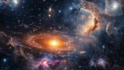 Wall Mural - A starry sky with a bright orange sun in the middle. The sun is surrounded by a galaxy of stars