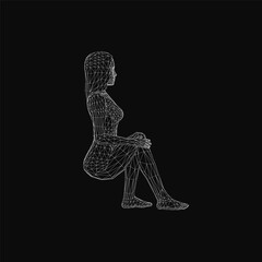 Fototapete - A wireframe illustration of a young girl sitting cross-legged on the floor, showcasing clean geometric lines and digital art style. The minimalist design highlights human anatomy with transparent.