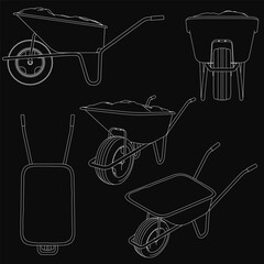 Fototapete - Wheelbarrows stand out against a black background with crisp white outlines, creating a striking contrast. The minimalist composition highlights their simple yet functional design.