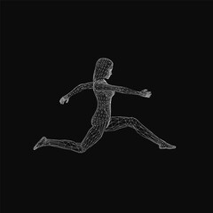 Fototapete - Wireframe girl running in dynamic pose with outstretched arms and legs on black background. Her facial features are distinct, hair pulled back in a ponytail.