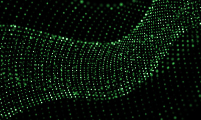 Poster - Abstract green mesh particles wave curve overlap technology network digital on black background vector