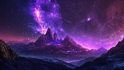 Wall Mural - mystical city illuminated by starlight with majestic mountains and cosmic colors, mystical city in t