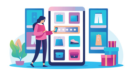 Woman using mobile app for shopping with images of clothes and bags on the screen display showing items