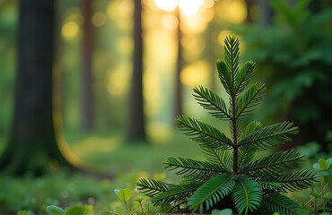 Poster - serene fir forest scene unfolds morning light amidst blurred backdrop lush green