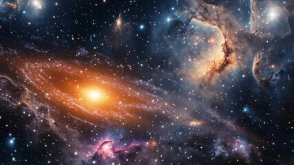 Wall Mural - A starry sky with a bright orange sun in the middle. The sun is surrounded by a galaxy of stars