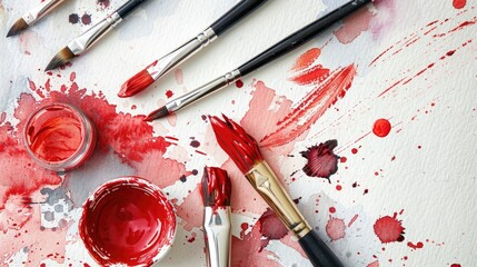 Aufkleber - Splattered red paint and brushes in creative flatlay, expressive watercolor art setup