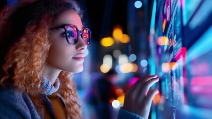 Poster - A young woman in stylish glasses interacts with a vibrant, illuminated digital display in a nighttime urban setting.