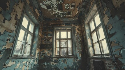 Poster - Haunted building ruins with peeling paint and broken windows, desolate atmosphere