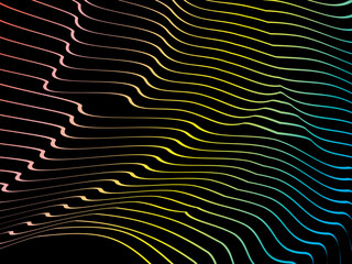 Poster - The background is a colorful gradient wavy diagonal striped pattern on a black background, creating a dynamic and modern visual effect.
