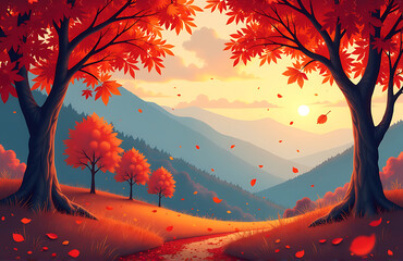 Wall Mural - banner featuring vibrant autumn landscape red leaf trees subtle hint falling leaves