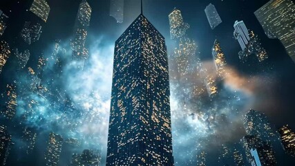 Poster - Cityscape skyscraper floating in space with stars and cosmic clouds, skyscraper building or cityscape floating on space on futuristic concept video background ing